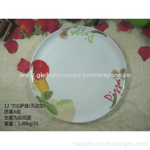 Stock lots A grade 12-inch porcelain pizza plate, round shape, 2 designs workable